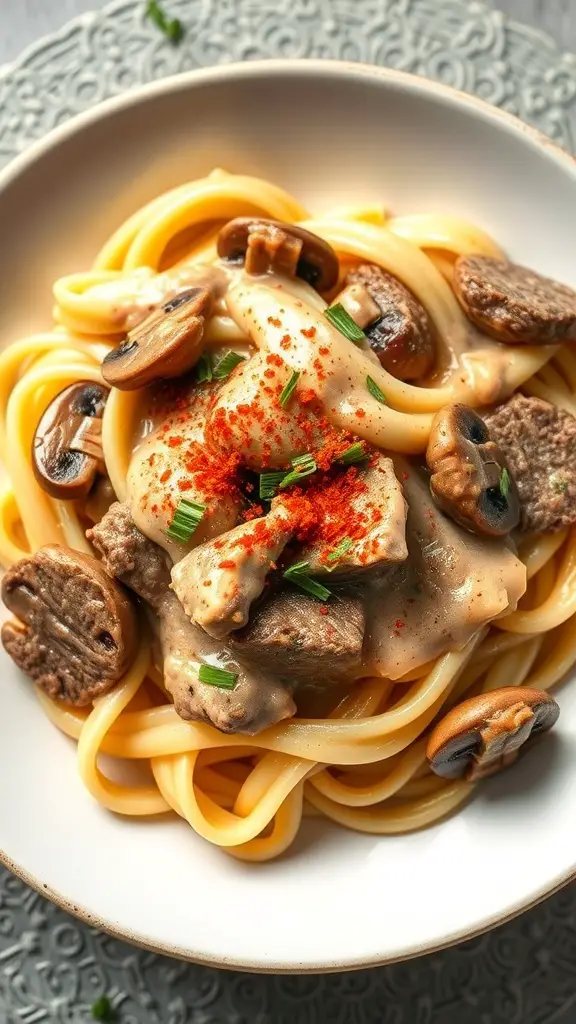 A bowl of beef stroganoff with noodles, mushrooms, and a sprinkle of paprika.