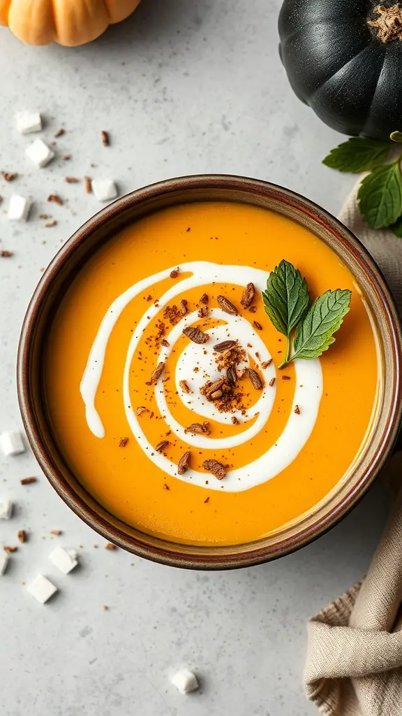 A bowl of creamy pumpkin soup topped with coconut cream and mint leaves, surrounded by decorative pumpkins.