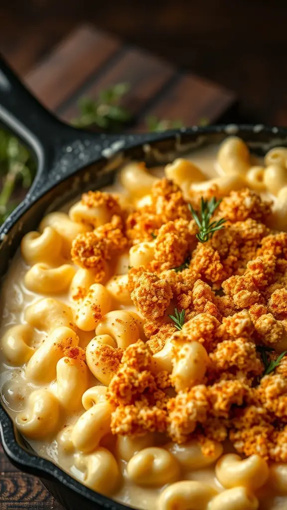 A cast-iron skillet filled with creamy mac and cheese topped with crunchy bits and herbs.