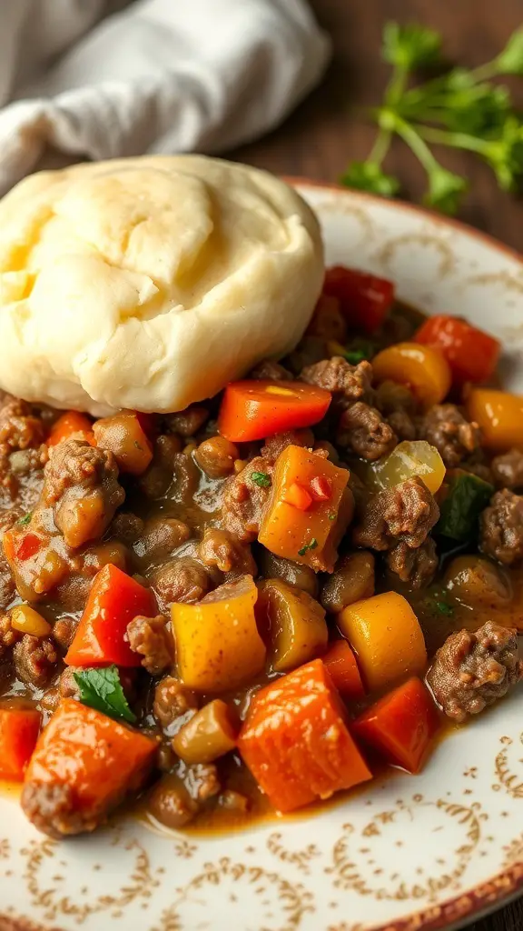 A plate of Beef and Vegetable Shepherd's Pie with mashed potatoes and colorful vegetables.