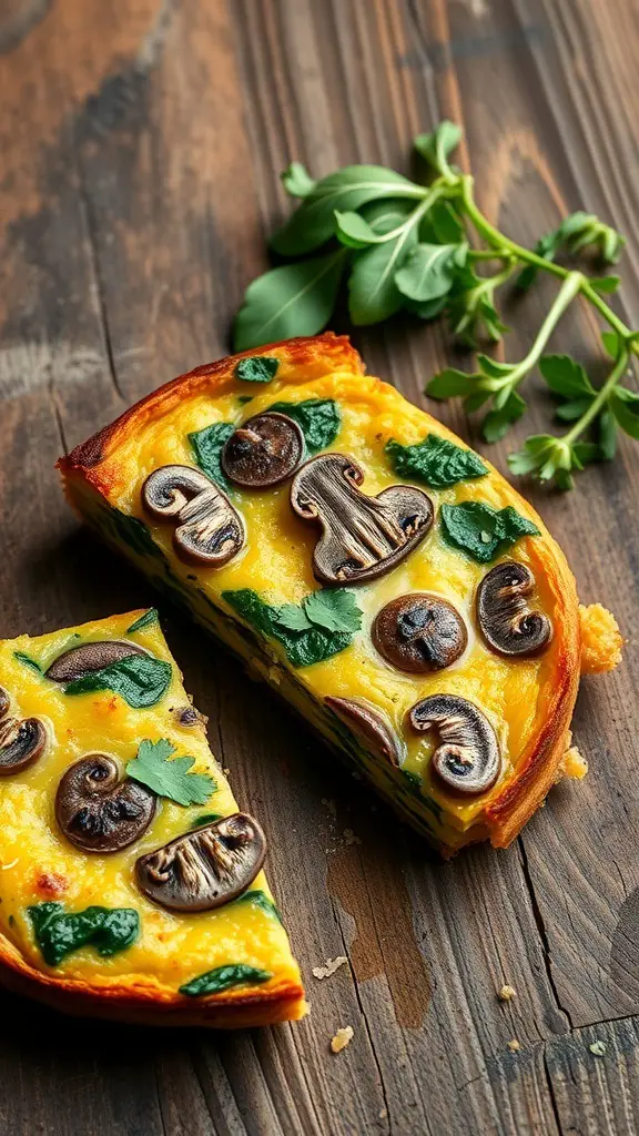 A slice of mushroom and spinach frittata on a wooden table, garnished with fresh herbs.