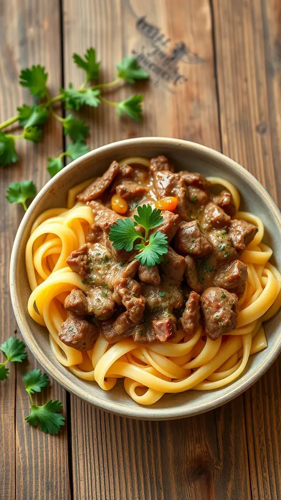 A bowl of beef stroganoff with egg noodles, garnished with cilantro on a wooden table.