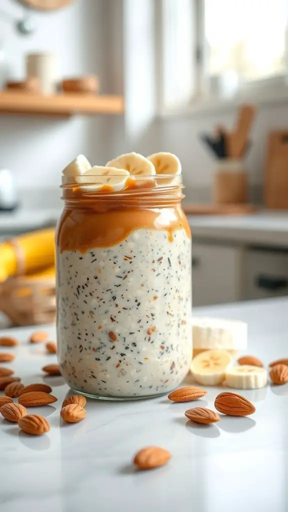 A jar of creamy almond butter and banana overnight oats topped with banana slices and surrounded by almonds.