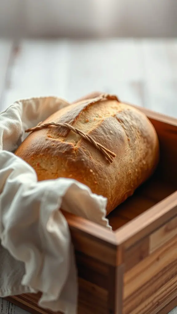 A freshly baked loaf of no-knead bread wrapped in a cloth, resting in a wooden box.