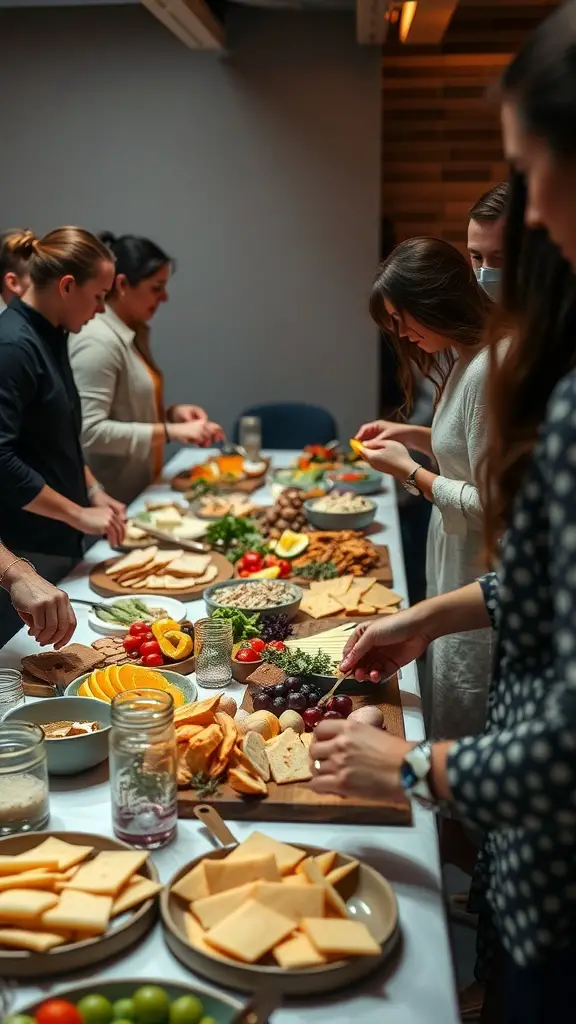 Guests creating their own charcuterie boards at a wedding.