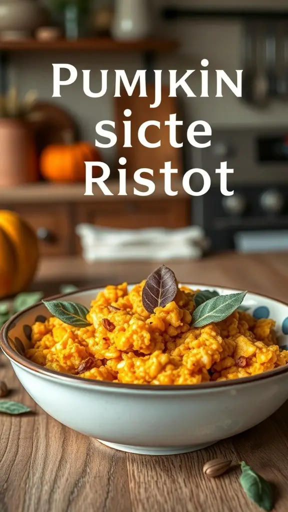 A bowl of Pumpkin Spice Risotto with fresh sage leaves on top, surrounded by autumn decor.