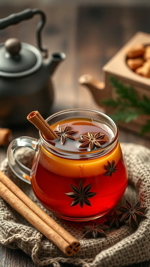 A warm cup of chai spiced tea punch with cinnamon sticks and star anise, set on a rustic table.