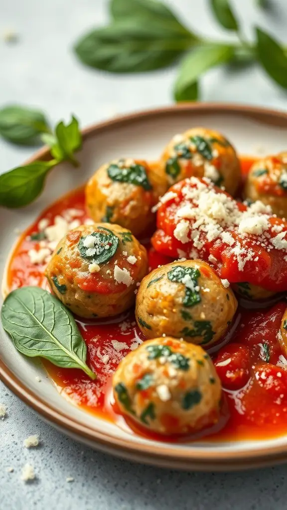 Plate of turkey and spinach meatballs in tomato sauce with fresh spinach leaves