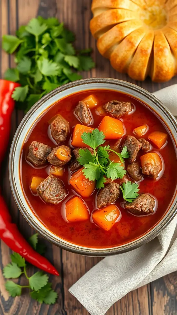 A bowl of spicy beef stew with chunks of beef, sweet potatoes, and cilantro, surrounded by fresh ingredients.