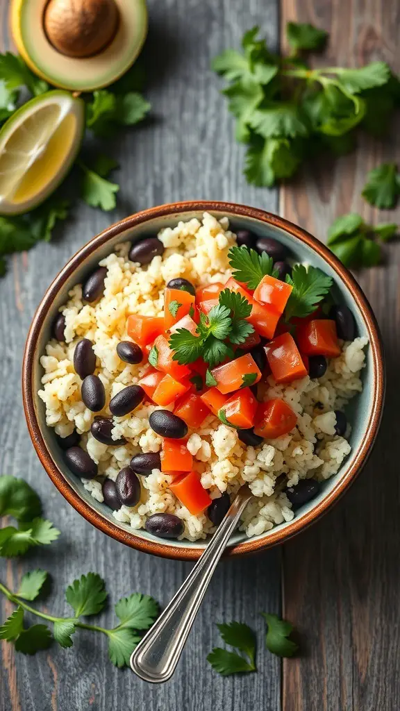 A colorful bowl of cauliflower rice topped with black beans, diced tomatoes, and cilantro.