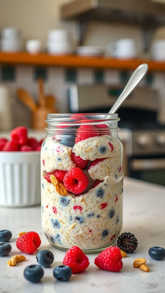 A jar of overnight oats layered with raspberries and blueberries, with some berries scattered around.