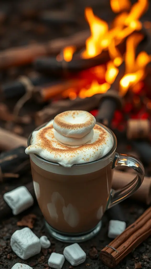 A Toasted Marshmallow Latte with a toasted marshmallow on top, surrounded by marshmallows and a warm fire.