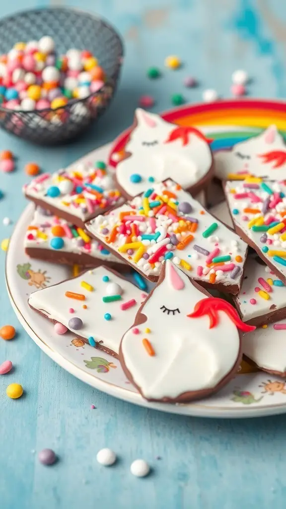 Colorful unicorn bark decorated with sprinkles on a plate