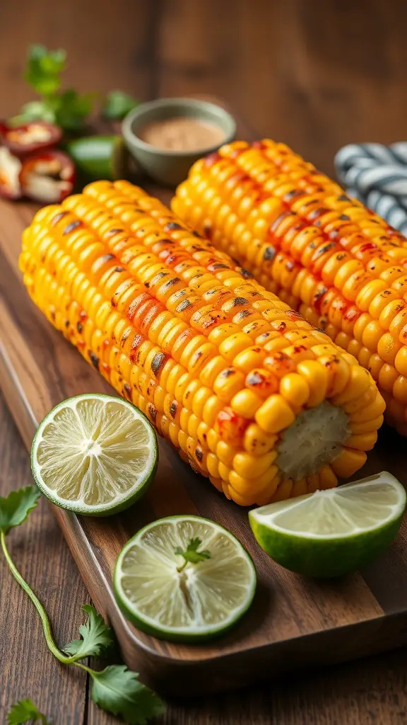 Chili-lime roasted corn on the cob with lime wedges and cilantro on a wooden board.