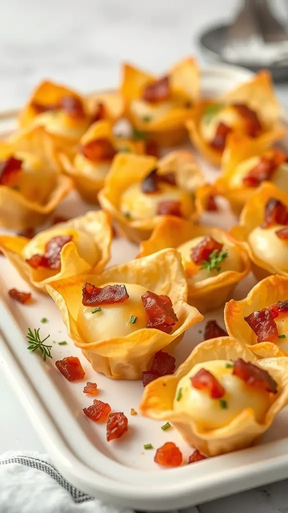 A platter of bacon and cheese phyllo cups topped with crispy bacon bits.