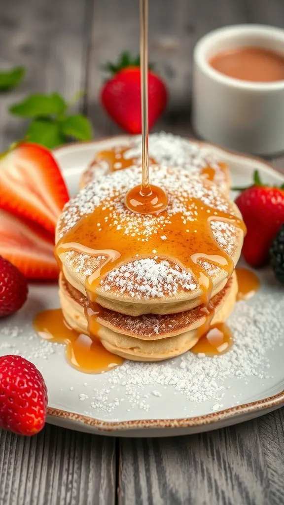 A plate of mini pancake stacks topped with syrup and surrounded by fresh strawberries.