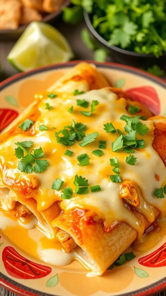 A plate of chicken enchiladas topped with cheese and cilantro