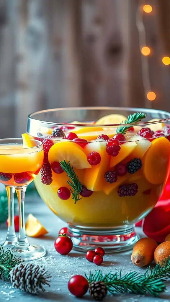 A festive holiday punch with fresh fruits in a large bowl, surrounded by decorative elements.
