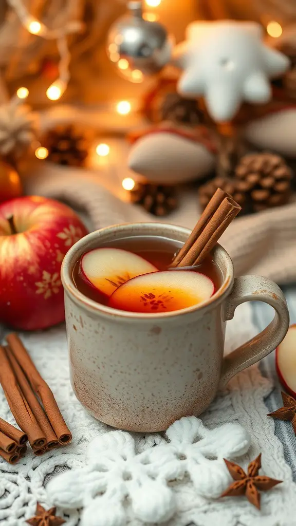 A cozy mug of spiced apple cider with apple slices and cinnamon sticks, surrounded by festive decorations.