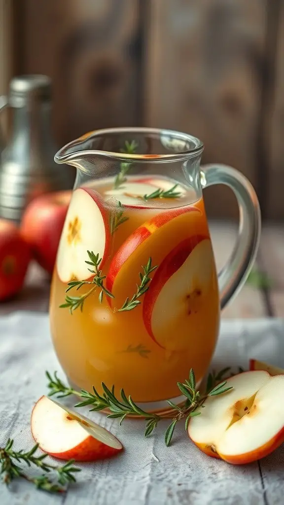 A pitcher of Honeycrisp Apple and Thyme Punch with apple slices and thyme sprigs