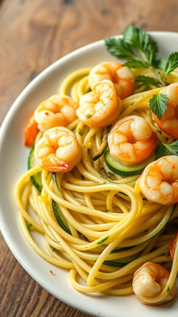 A plate of shrimp and zucchini noodles garnished with parsley.