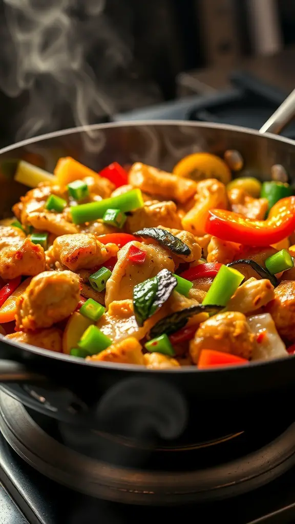 A colorful chicken and vegetable stir-fry in a pan, with steam rising and vibrant ingredients.