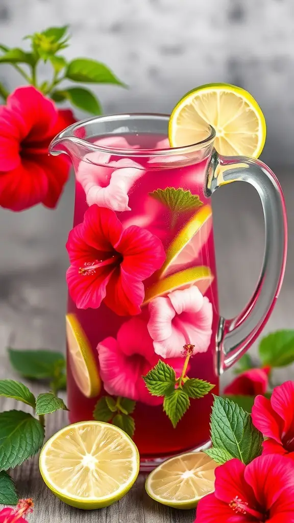 A pitcher of vibrant pink hibiscus punch with lemon slices and hibiscus flowers, surrounded by fresh lemon halves and green leaves.