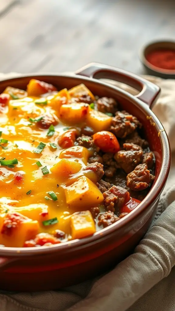 A delicious beef and potato casserole topped with melted cheese, served in a red dish.
