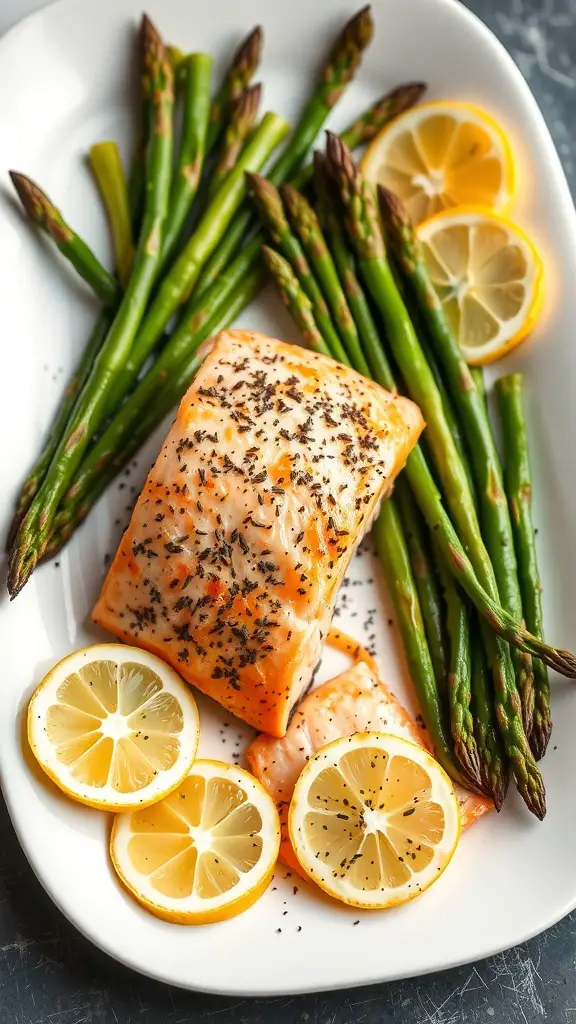 Baked salmon fillet with asparagus and lemon slices on a white plate