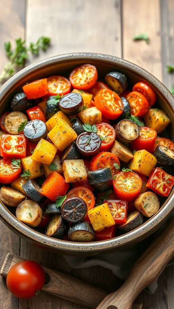 A bowl of colorful roasted vegetables including tomatoes, peppers, and eggplant.
