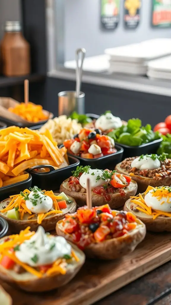 A variety of baked potato toppings including cheese, sour cream, and vegetables