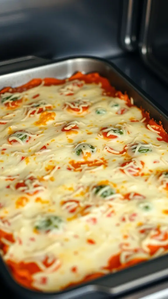 A tray of vegetable lasagna with melted cheese and colorful layers of vegetables.