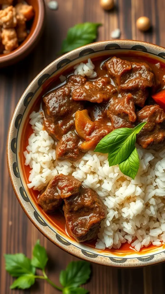 A bowl of Malaysian Beef Rendang served over rice, garnished with fresh herbs.