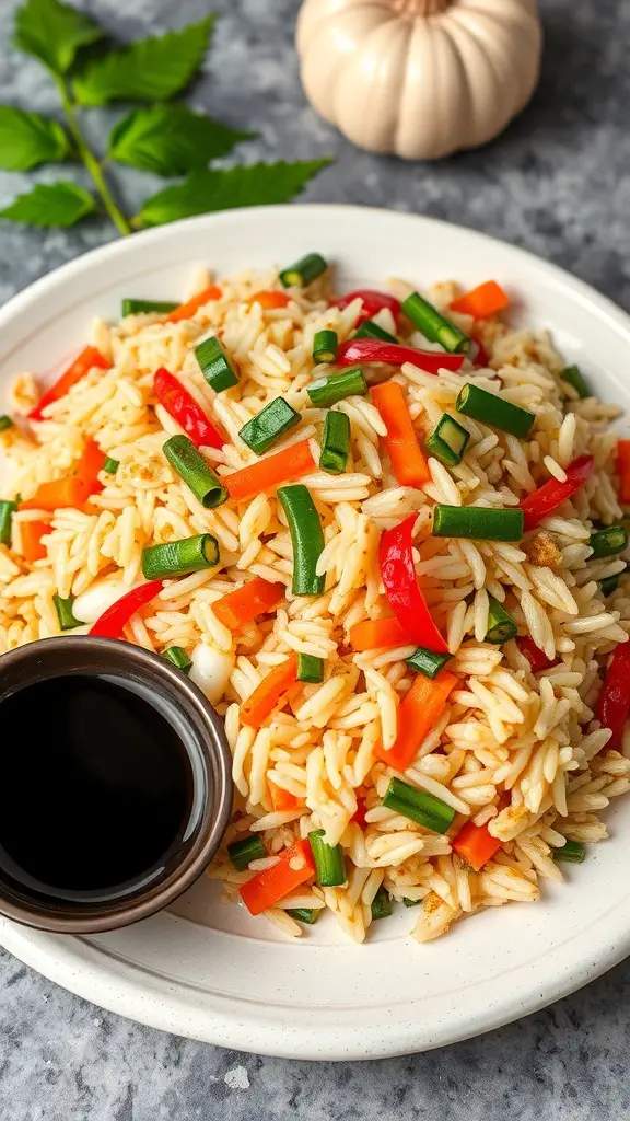 A plate of egg fried rice with colorful vegetables and a small bowl of soy sauce