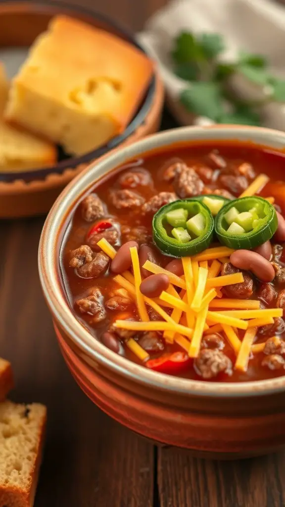 A bowl of spicy beef and bean chili topped with cheese and jalapeños, served with cornbread.