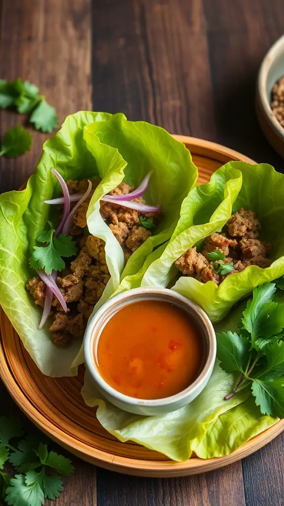 Vietnamese beef lettuce wraps with ground beef, onions, and cilantro served with a dipping sauce.