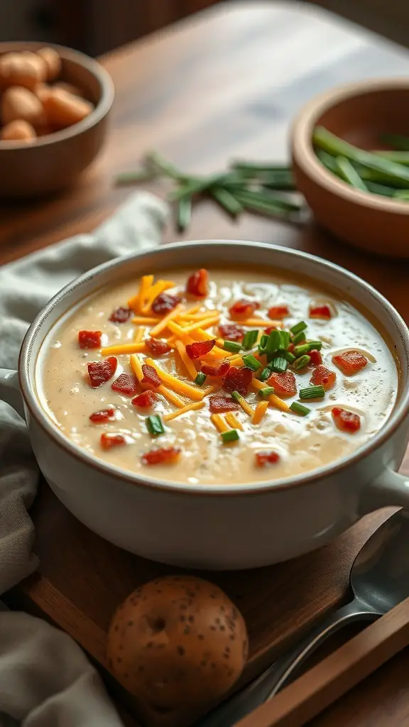 A bowl of loaded baked potato soup topped with cheese, bacon, and chives, with ingredients in the background.