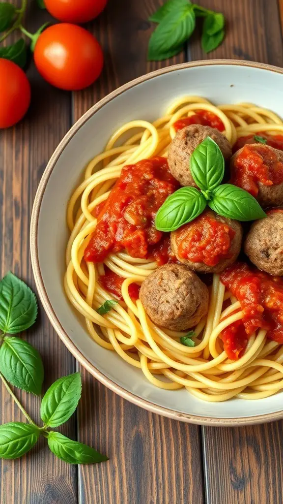 A plate of zucchini noodles topped with turkey meatballs and tomato sauce, garnished with fresh basil leaves.