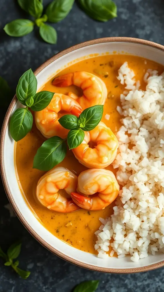 A bowl of Coconut Curry Shrimp with rice and fresh basil.