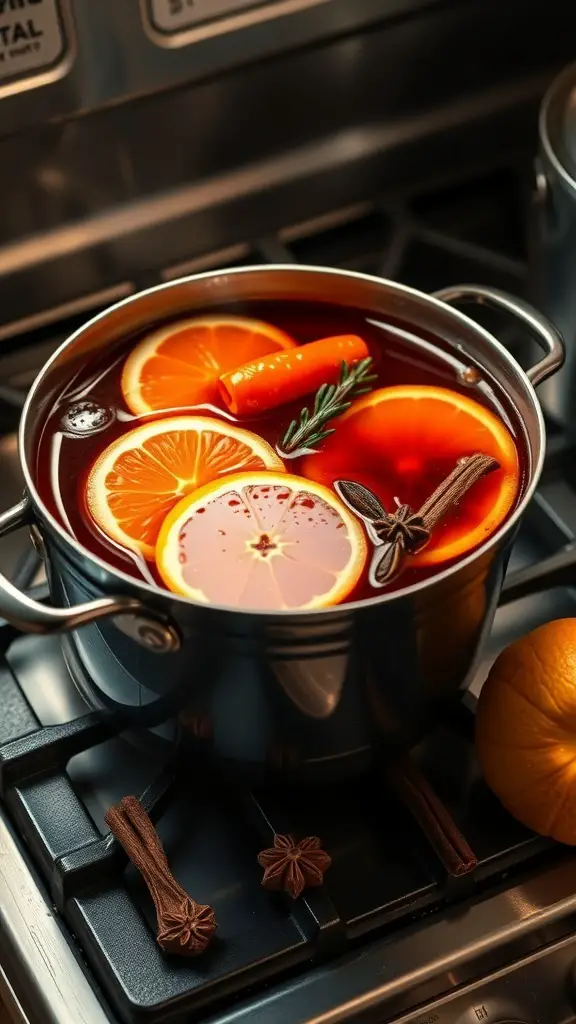 A pot of mulled wine punch with orange slices, spices, and a carrot on a stove.