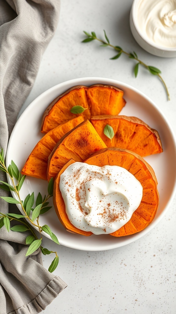 Baked sweet potatoes topped with yogurt and cinnamon on a white plate