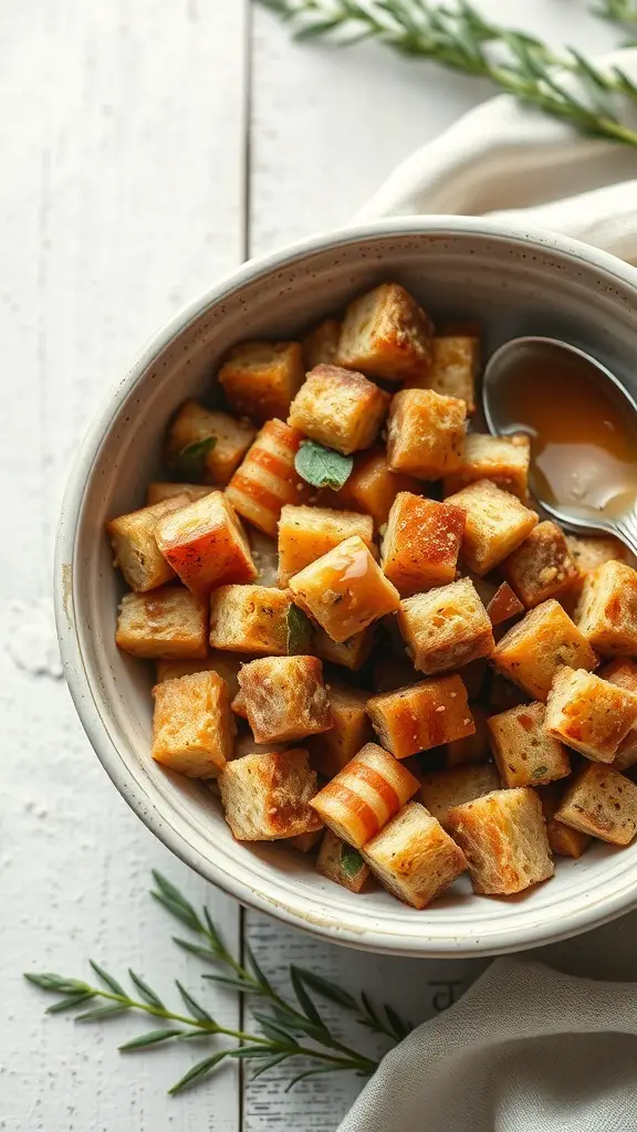 A bowl of traditional stuffing with sage and onions, featuring golden-brown bread cubes.