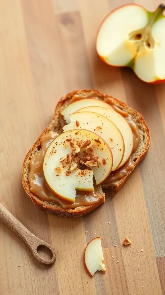 A slice of toast topped with almond butter, apple slices, and cinnamon on a wooden surface.