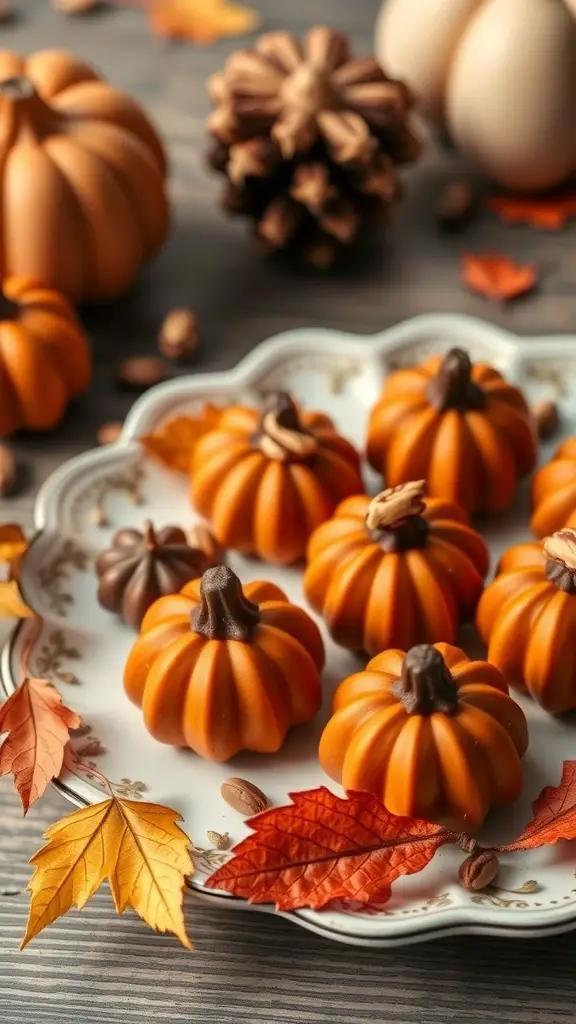 A plate of Nutty Chocolate Pumpkin Bites shaped like pumpkins, surrounded by autumn leaves and pine cones.