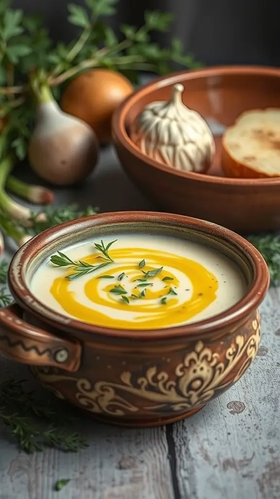 A bowl of creamy potato and leek soup garnished with herbs, surrounded by fresh vegetables.