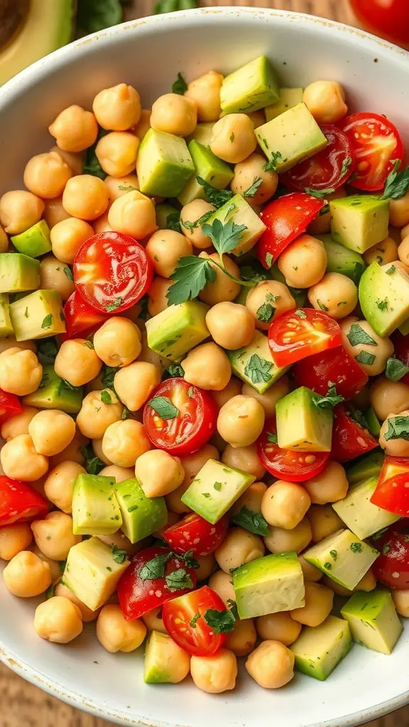 A colorful chickpea salad with avocado, cherry tomatoes, and herbs in a white bowl.