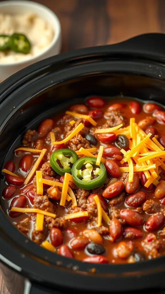 A close-up of spicy chili with ground beef in a crockpot, topped with cheese and jalapeños.