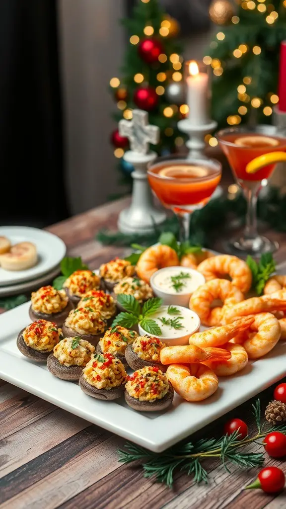 A festive appetizer spread featuring stuffed mushrooms, shrimp, and drinks, set against a holiday backdrop.