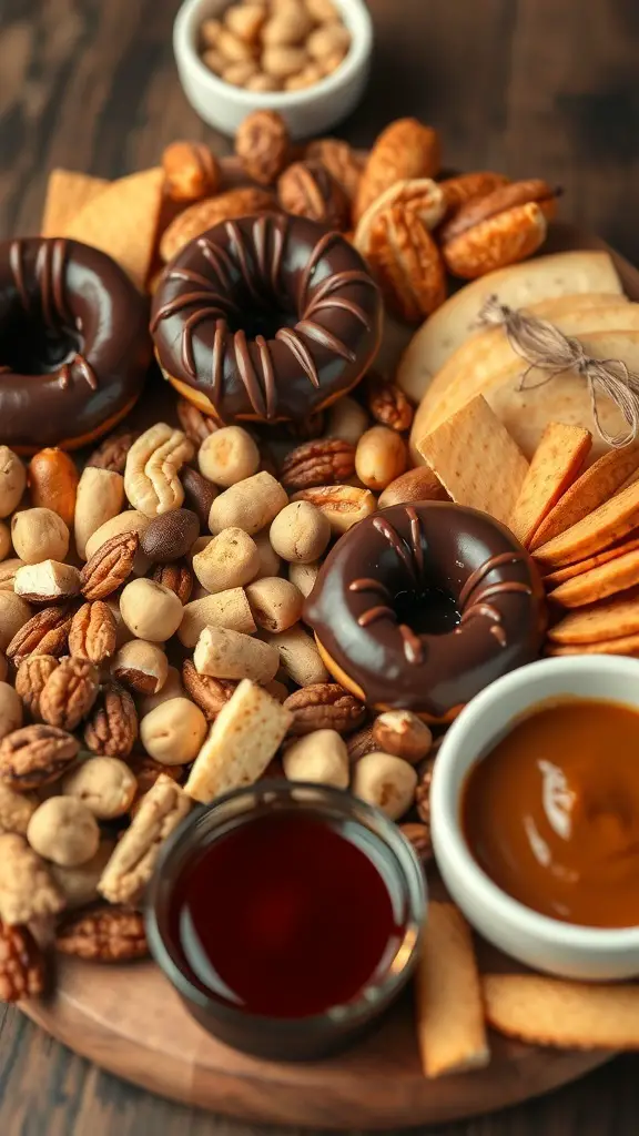 A charcuterie board featuring chocolate donuts, assorted nuts, cookies, and dips.