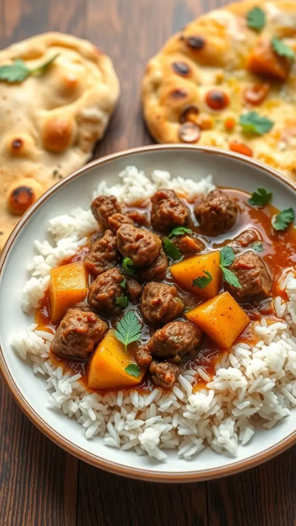 A bowl of ground beef and potato curry served with rice and naan.